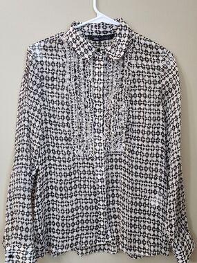 Zara Black & Cream Printed Ruffle Front Blouse Size S